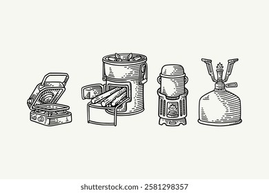 furnace with firewood, folding stove firebox, stove tube shape with pot, gas cylinder stove with holder portable hatching engraving illustration element designs set for camping, outdoor, adventure