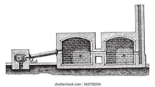 Furnace for the production of black smoke, vintage engraved illustration. Industrial encyclopedia E.-O. Lami - 1875.
