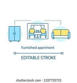 Furnished apartment concept icon. Accommodation with furniture. Wardrobe, chair, table, sofa. Comfort room interior idea thin line illustration. Vector isolated outline drawing. Editable stroke