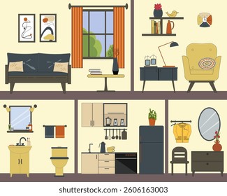 Furnished apartment. Detailed view inside. Living room with sofa and window. Room with armchair and nightstand. Bathroom. Bedroom with bed and wardrobe. Kitchen with stove and refrigerator. Hallway