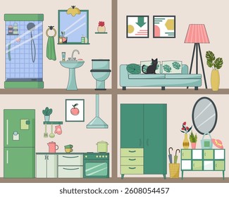 Furnished apartment interior plan. Bathroom with shower. Living room with sofa and floor lamp. Kitchen with stove and refrigerator. Hallway with wardrobe and mirror. Vector illustration
