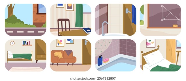 Furnished and decorated rooms set, home interior design. Vector in flat style, bedroom and living room with cozy atmosphere, classroom and kitchen, bathroom and bathtub with water, house view