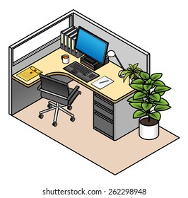 Furnished office cubicle: simple configuration with a window and a drawer unit. Mid height partitions. 