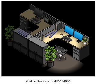 Furnished Office Cubicles: Twin Configuration With Drawer Units And Storage Cabinets. Low Partitions. Shown At Night.