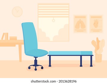 Furnished psychotherapy room flat color vector illustration. Therapeutic practice. Place for talking to patients. Doctor consultation office 2D cartoon interior with sofa-bed and chair on background