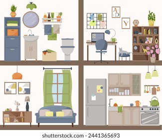 Furnished rooms with furniture and household items. Detailed plan of the apartment inside. Bathroom with shower. Work office with computer and bookcase. Living room with sofa and kitchen. Flat style