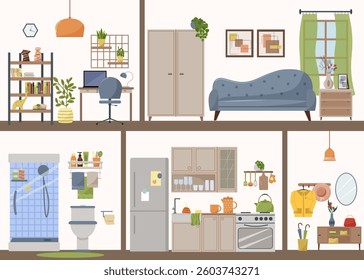 Furnished rooms. Study with desk, computer and decorative shelving. Bathroom with shower. Bedroom with sofa and window. Kitchen with kitchen unit, stove and refrigerator. Hallway with mirror and