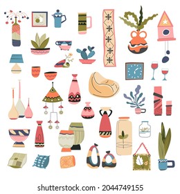 Furnishing and decoration of home, creating interior design with vases and houseplants, ceramic or porcelain kitchenware, jugs and soft armchairs. Candlesticks and greenery. Vector in flat style
