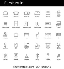 Mobiliario 01 iconos Juego de vectores. 30 de iconos negros de alto nivel.