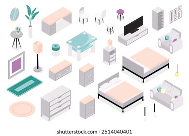 Móveis 3d isométrico mega conjunto em design gráfico de isometria. Coleção elementos de espelho, planta, mesa, tapete, lâmpada de chão, criado-mudo, peito, cama, poltrona, tv, cadeira, outro. Ilustração vetorial.