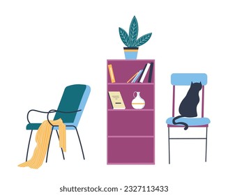 Furniture and accessories for home interior design, isolated table with blanket, bookcase with vases and flowers, books, and decoration. Chair with cat, house with pets. Vector in flat style