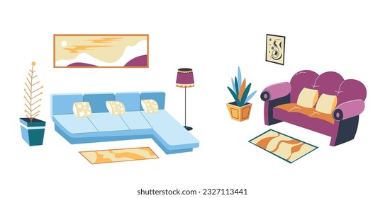 furniture and accessories, house interior design and decoration. Home with sofa and cushions, lamp and panoramic artwork on wall. Living room ideas of arrangement. Vector in flat style illustration