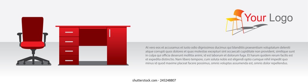 Furniture advertisement vector banner template with table and chair, red