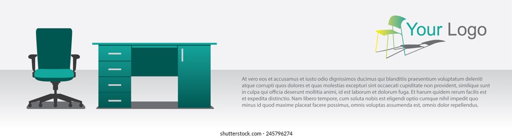 Furniture advertisement vector banner template with table and chair, cyan