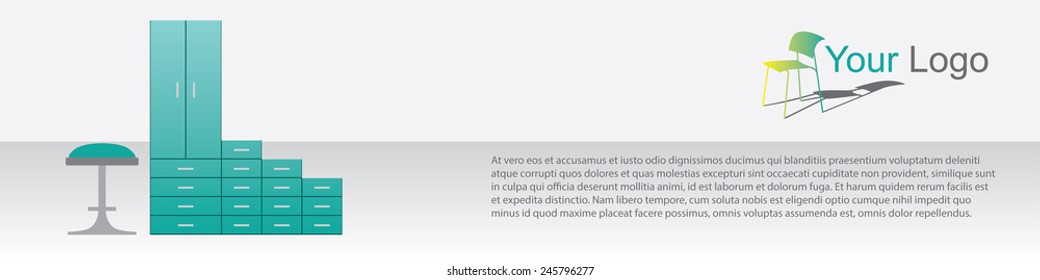 Furniture advertisement vector banner template with cupboard and stool, cyan