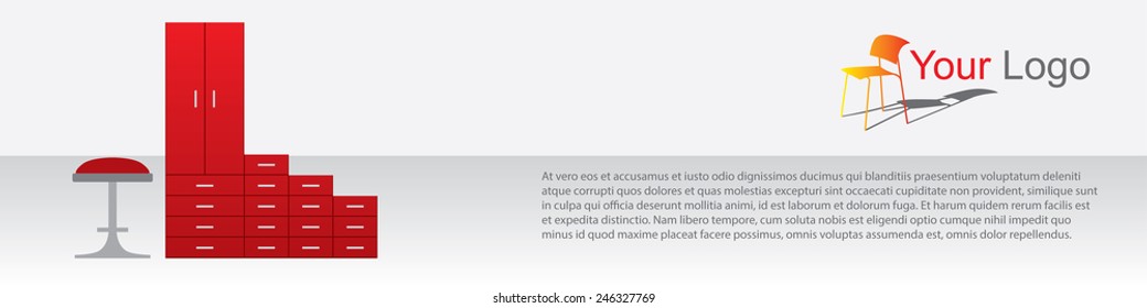 Furniture advertisement vector banner template with cupboard and stool, red