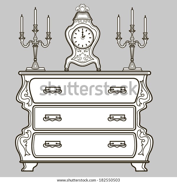 Furniture Antique Dresser Mantel Clocks Candlestick Stock Vector