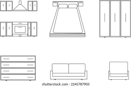 furniture for an apartment or house, kitchen, sofa, armchair, bed, wardrobe