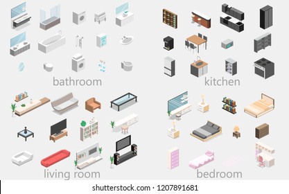 Furniture for an apartment. Isometric flat 3D isolated concept vector cutaway Constructor for creating a bathroom, living room, bedroom, kitchen