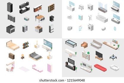 Furniture for apartment. Isometric flat 3D isolated concept vector cutaway