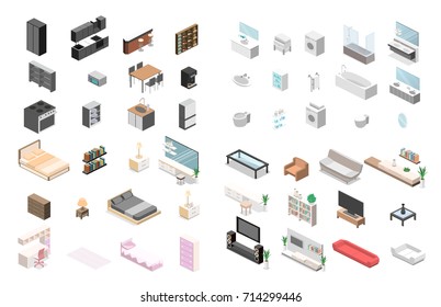 Furniture for an apartment. Isometric flat 3D isolated concept vector cutaway Constructor for creating a bathroom, living room, bedroom, kitchen