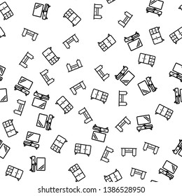 Furniture Of Apartment Seamless Pattern Vector. Writing Desk, Table, Tv Stand And Chest Of Drawers House Furniture Elements Monochrome Texture Icons. Interior Detail Template Flat Illustration