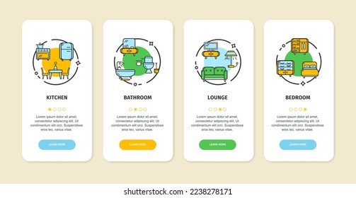 Furniture App Screens Cards Set Include of Bathroom, Bedroom, Kitchen and Lounge. Vector illustration of Card