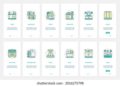 Furniture appliances for kitchen, bathroom, living room, study interior vector illustration. UX, UI onboarding mobile app page screen set with line computer chair table gas stove stool refrigerator