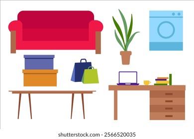 Furniture and appliances, sofa, desk, washing machine, house plant. Table, boxes and packages. Relocation, move. Vector simple color flat illustration.