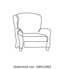 Furniture Armchair For Home Interior In Retro Style Outline Contour Lines. Simple Linear Silhouette Of Comfy Chair. Doodle Vector Illustration