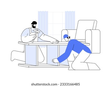 Furniture assembling abstract concept vector illustration. Group of repairmen with a screwdriver assembling furniture in new apartment, private house custom interior abstract metaphor.