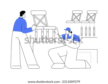 Furniture assembling abstract concept vector illustration. Group of workers deals with furniture mass production, light industry, woodworking sector, working with timber abstract metaphor.