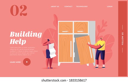 Furniture Assembly, Carpentry and Woodwork Landing Page Template. Tiny Characters Learning Instruction for Assembling Huge Home Wardrobe. Handyman Repair Cupboard. Cartoon People Vector Illustration