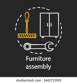 Furniture assembly chalk concept icon. Home service idea. Contractor repairman. Wooden cupboard installing. House gentrification. Vector isolated chalkboard illustration