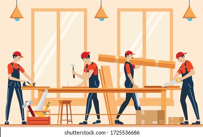 Furniture assembly concept illustration. Manufacture of furniture. Workers of manufacture with professional tools. Help from furniture store professional. Flat cartoon vector illustration
