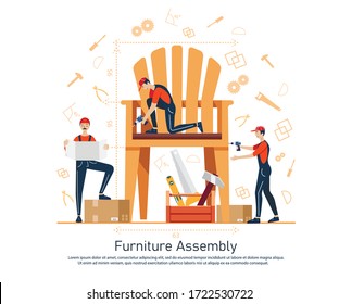 Furniture assembly concept illustration. Workers of manufacture with professional tools. Help from furniture store professional. Flat cartoon vector illustration