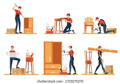 Furniture assembly concept illustration. Workers of manufacture with professional tools. Help from furniture store professional. Flat cartoon vector illustration