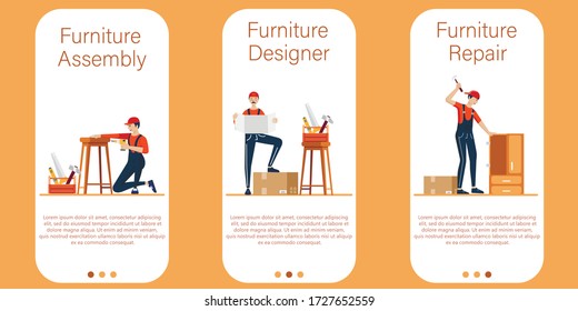 Furniture assembly concept illustration. Workers of manufacture with professional tools. Help from furniture store professional. Flat cartoon vector illustration