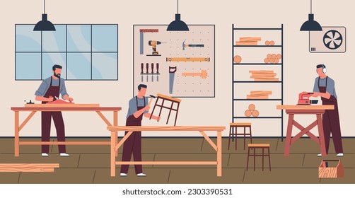 Conjunto de muebles. Los artesanos planos fabrican productos de madera en talleres, sillas y taburetes de carpinteros profesionales, aserrado y perforación de personas, dibujos animados aislados hoy en día concepto de vectores