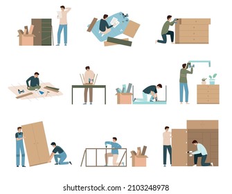 Conjunto de muebles conjunto plano de iconos aislados con caracteres de personas que trabajan con reglas y herramientas ilustración vectorial