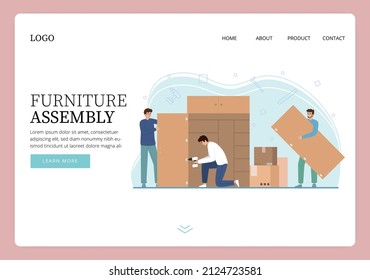 Furniture assembly flat web site landing page design with images and clickable text links with buttons vector illustration