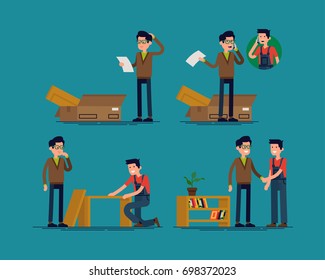 Furniture assembly help vector concept illustration with man confused by assembly instruction and receiving help from furniture store professional. Furniture assembly service. Handyman and client