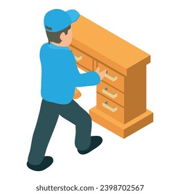Icono de conjunto de mobiliario vector isométrico. Trabajador ocupado ensamblando tabla de oficina. Mobiliario nuevo, decoración moderna