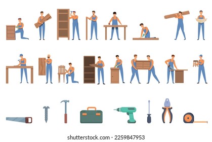 Furniture assembly icons set cartoon vector. Wood work. Design production