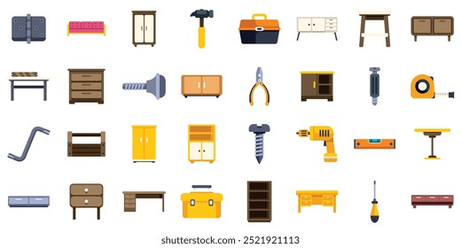 Furniture assembly icons set featuring tools and furniture pieces in flat design style