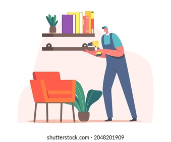 Furniture Assembly, Repair Service. Handyman Carpenter Worker Character with Screwdriver Tool Assembling Home Furniture Hanging Shelf on Wall with Construction Instrument. Cartoon Vector Illustration