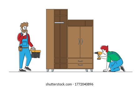 Furniture Assembly Service. Carpenter Worker Characters with Tools Assembling Home Wardrobe with Electric Drill and Construction Instruments in Belt Bag and Toolbox. Linear People Vector Illustration