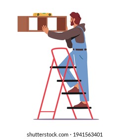 Furniture Assembly Service. Carpenter Worker Character with Tools and Level Assembling Home Furniture Hanging Shelves on Wall with Construction Instruments in Toolbox. Cartoon Vector Illustration