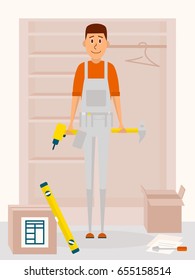 Furniture assembly service man. Vector cartoon character in flat style design. Handyman with drill tool and a hammer in hands. Furniture collector with screwdriver.