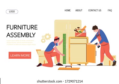 Furniture assembly vector webpage template. Wood furniture workshop repair and assembly flat illustration.